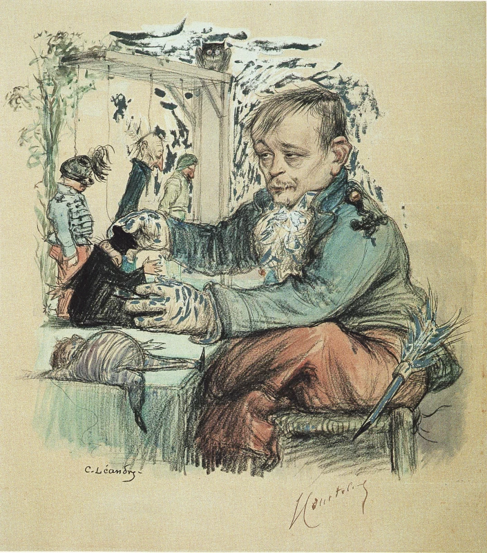 Charles Léandre - Courteline si diverte con il suo teatrino delle marionette, Musée de Condé sur Noireau